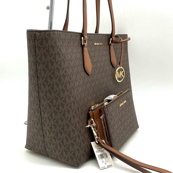 Michael Kors Bag Large Sheila Mf Tote Bag & Large Double Zip Wallet Brown/Gold - Picture 4 of 14